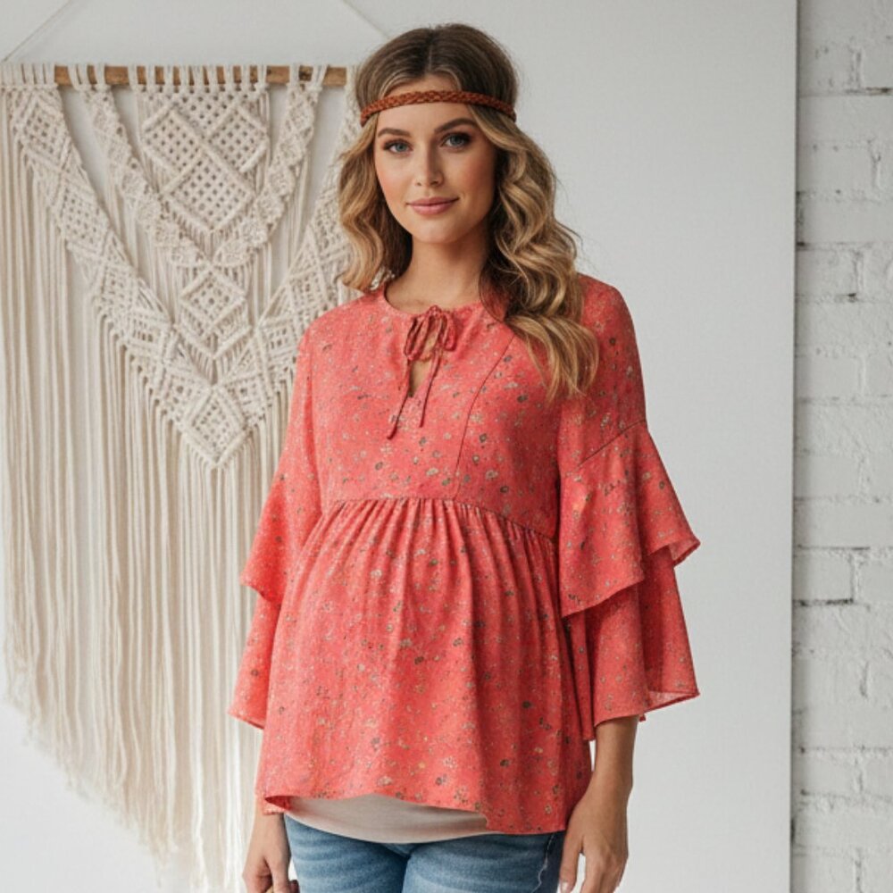 Gap Maternity Blouse Boho Layered Festival Floral Peasant Pink Coral M - Picture 13 of 13